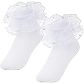 Pistha 2 Pack Girls Ruffle Lace Socks Novelty Pearls Frilly Dress Fancy Ruffled Socks for Toddler Little Girls