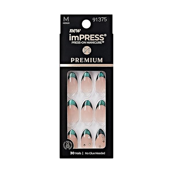 KISS IMPRESS NO GLUE MANI PRESS-ON NAILS, PREMIUM, ‘VISIONS’, GREEN, MEDIUM SIZE, ALMOND SHAPE, INCLUDES 30 NAILS, PREP PAD, INSTRUCTIONS SHEET, 1 MANICURE STICK, 1 MINI FILE