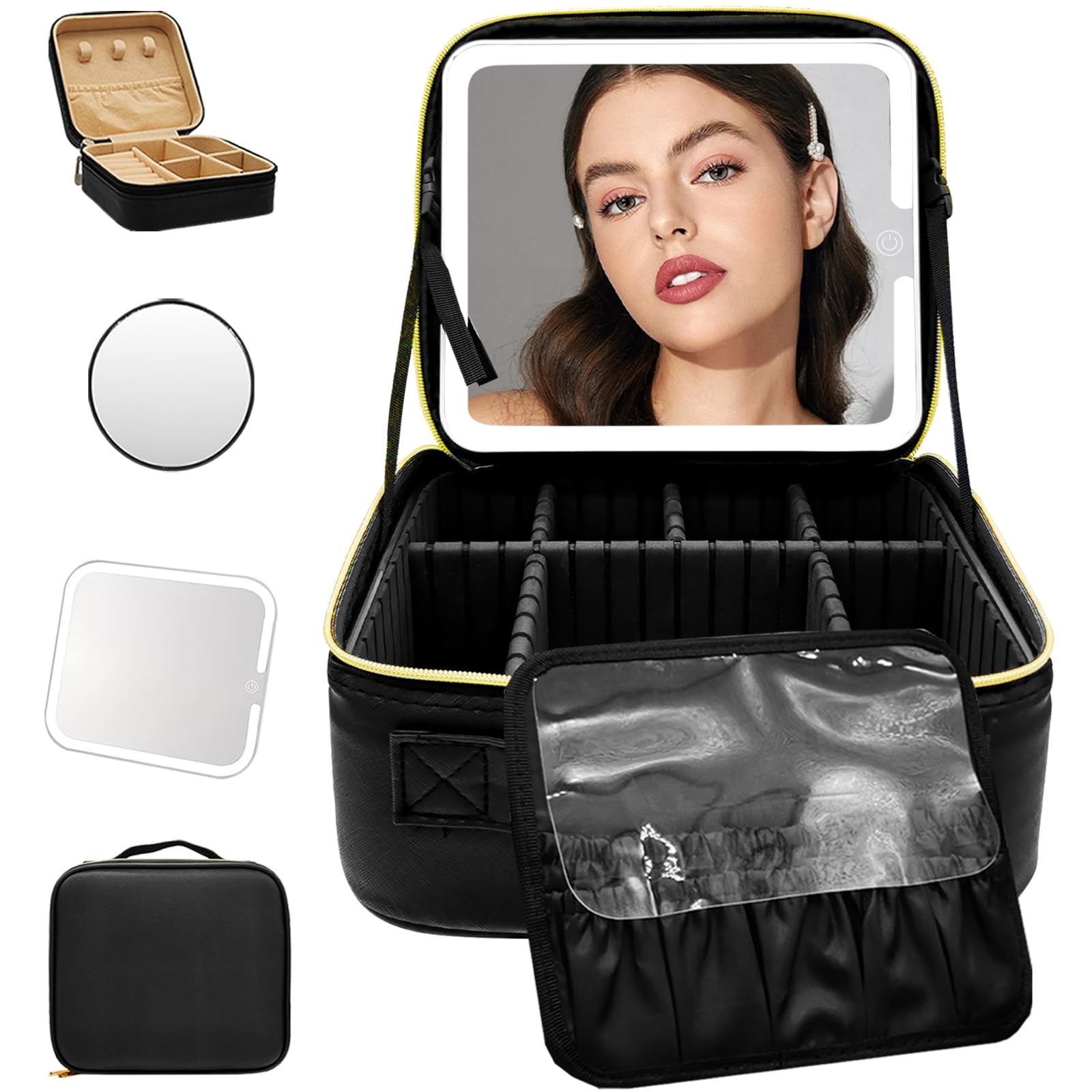 WITFAMILY Travel Makeup Bag with LED Mirror, Makeup case, Makeup Mirror with 3-Color Setting, Waterproof Makeup Box, 10x Magnifying Glass, Travel Makeup Storage Container (Black)
