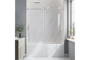 EASYWORC Bathtub Shower Door Frameless, 55-60" W x 60" H Sliding Tub Shower Door, 1/4''(6mm) SGCC Tempered Glass with Explosion-Proof Film Nano Coating, Stainless Steel Hardware, Brushed Nickel