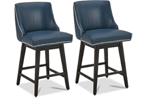 CHITA Counter Height Swivel Bar Stools Set of 2, FSC Certified Upholstered Counter Stools, Modern Swivel Barstools with Wood Legs for Kitchen Island, 26" Seat Height, Faux Leather in Blue