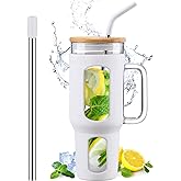 WINSA Glass Tumbler with Lid and Straw, 46 oz Iced Coffee Cup with Handle, Large Water Bottles with Silicone Sleeve, Glass Cup with Straws - Pearl Straw & Drinking Straw BPA Free-White