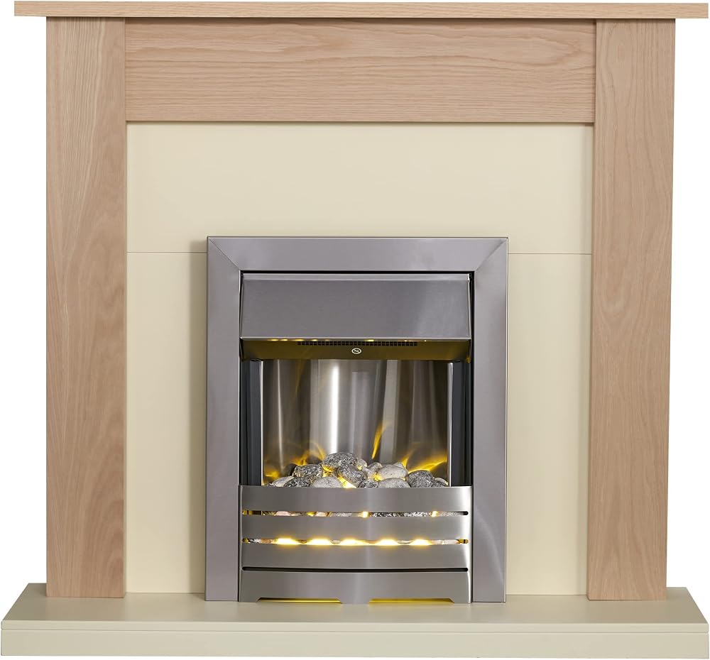 Adam Southwold Oak Cream Fireplace Suite 43 Inch with Brushed Steel Helios