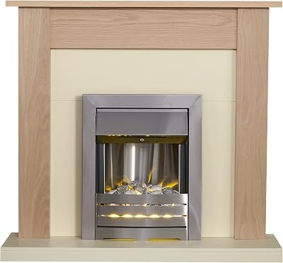 Adam Southwold Oak Cream Fireplace Suite 43 Inch with Brushed Steel Helios