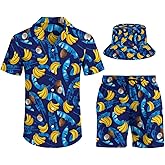 Men's Shirt Hawaiian Outfit Set Beach Shirt and Shorts with Bucket Hats 3 Piece Beach Tropical Hawaii Suits