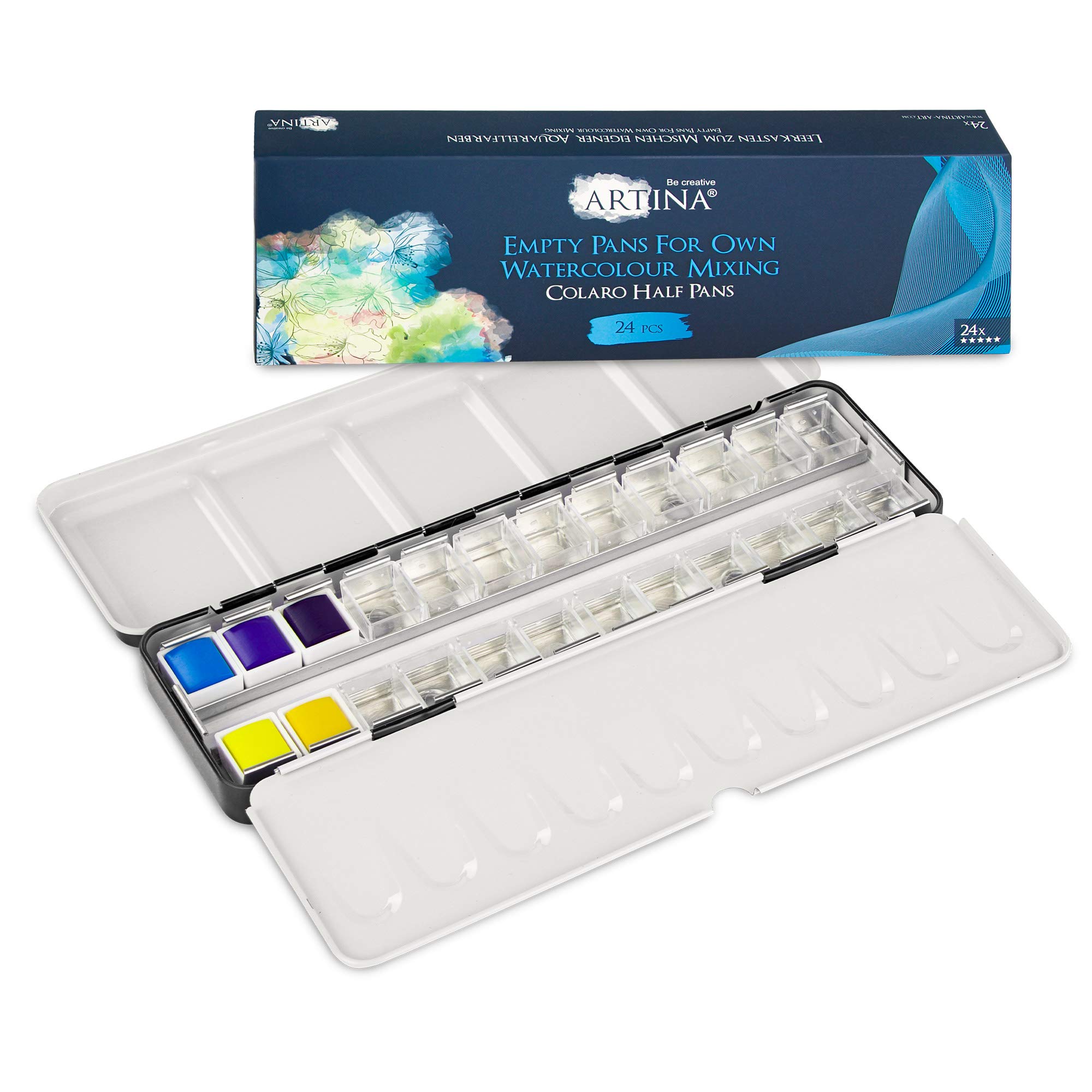 Artina Watercolour Palette with 24 Half Pans Colaro – Refillable Paint Box for Mixing 24x Empty Pans for Water Colours in Foldable Metal Case Incl. Water Brush Pen