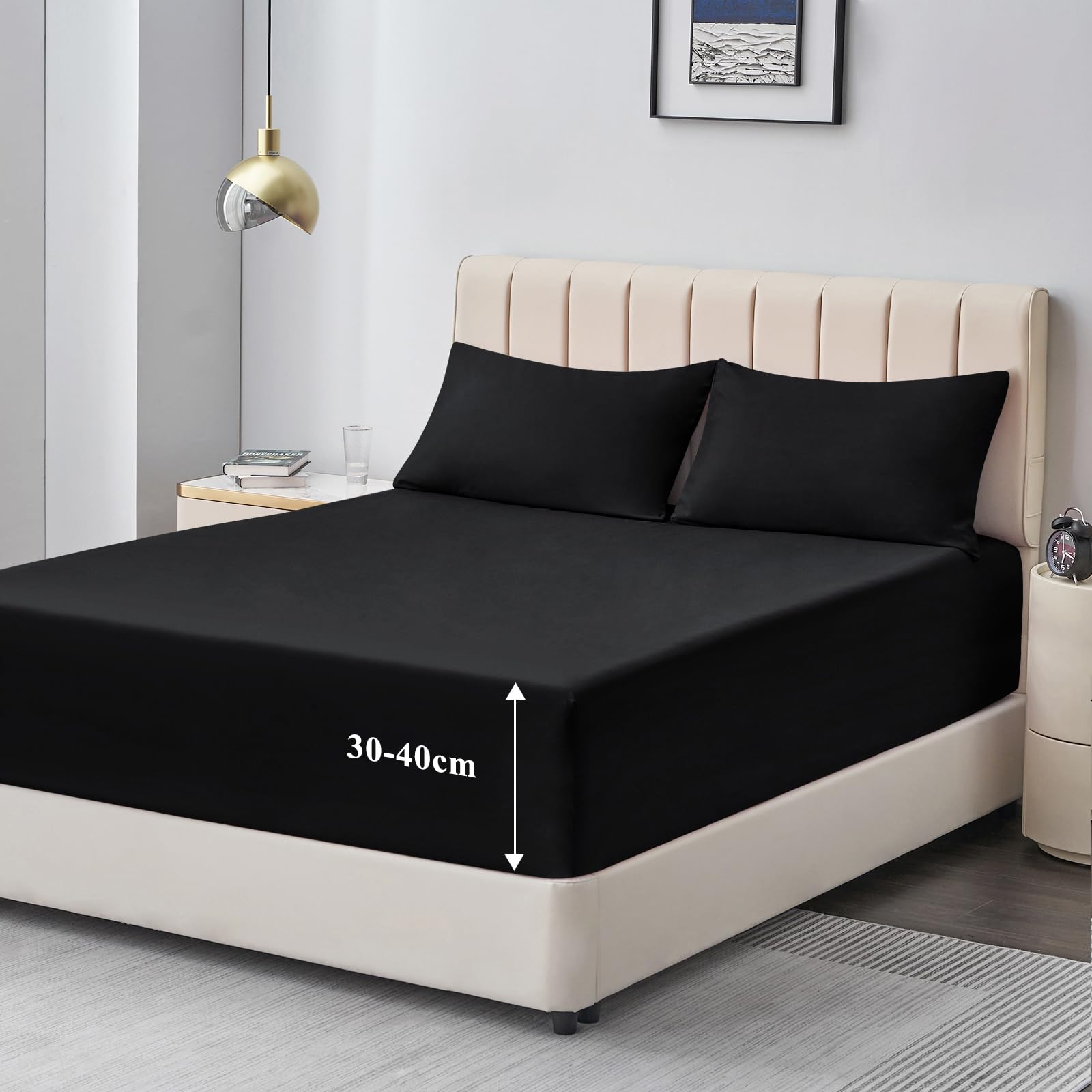 Aisbo Super King Fitted Sheet Black - Extra Deep Pocket Bed Sheet 16 inch 40 cm - Microfiber Bottom Sheet, 183x200cm