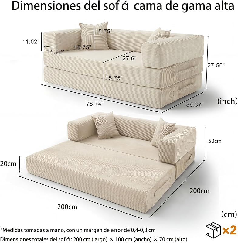 200cm Sofá Cama 3 Plazas con Espuma & Muelles para Salón,Blanco