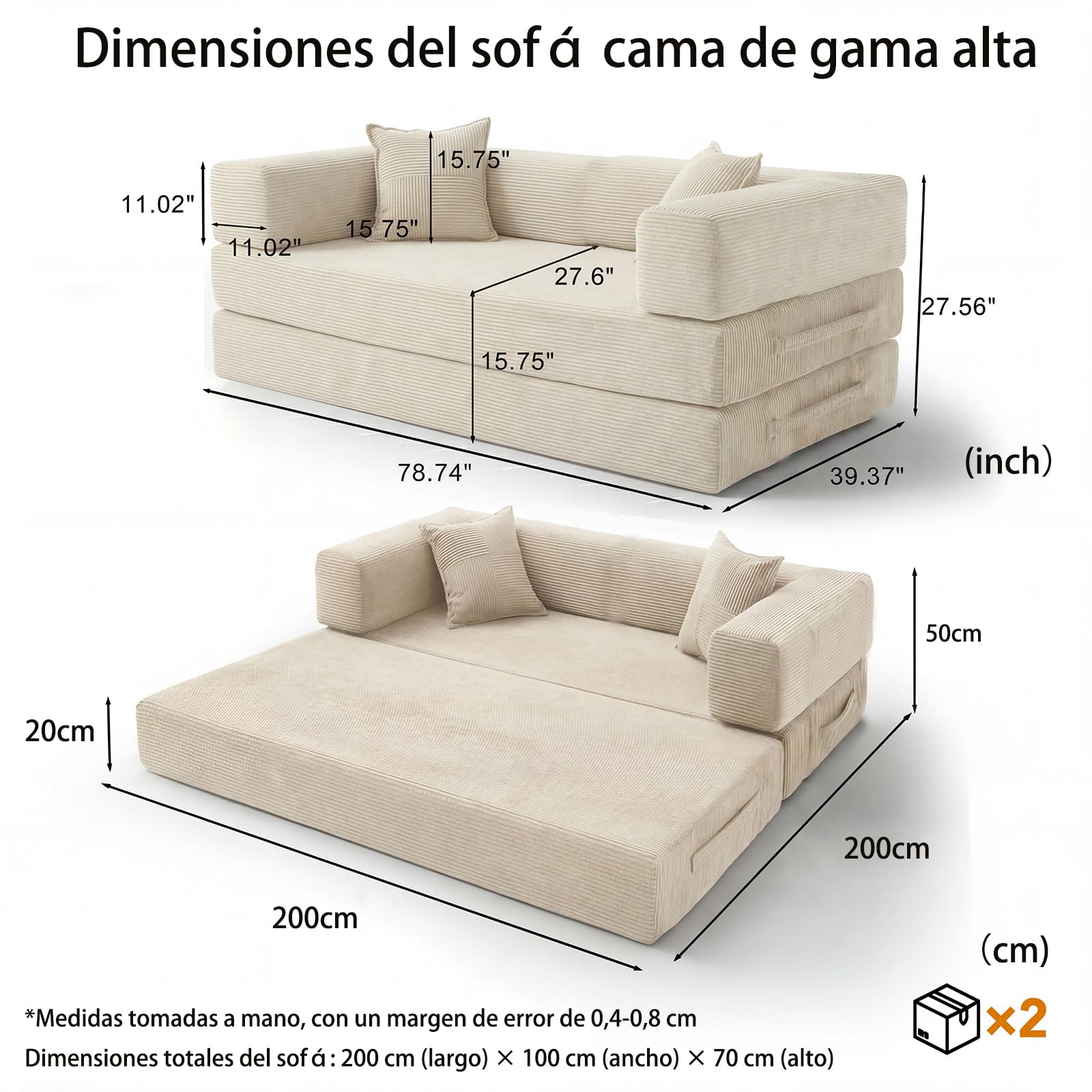 200cm Sofá Cama 3 Plazas con Espuma & Muelles para Salón,Blanco
