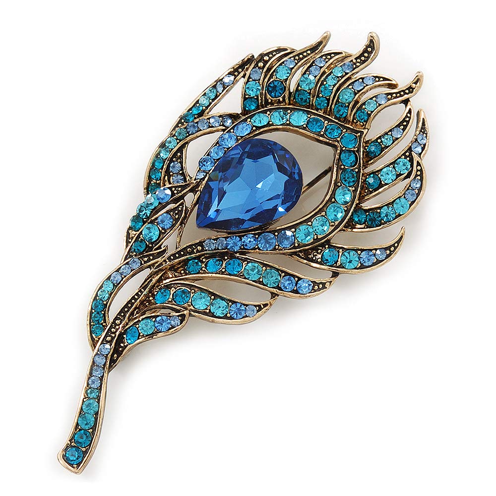 Vintage Blue/Teal Diamante 'Peacock Feather' Brooch In Burn Gold - 8cm Length