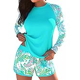 Modlily Two Piece Long Sleeves Rash Guard, Paisley Print Sun Protection Swimsuits with Board Shorts