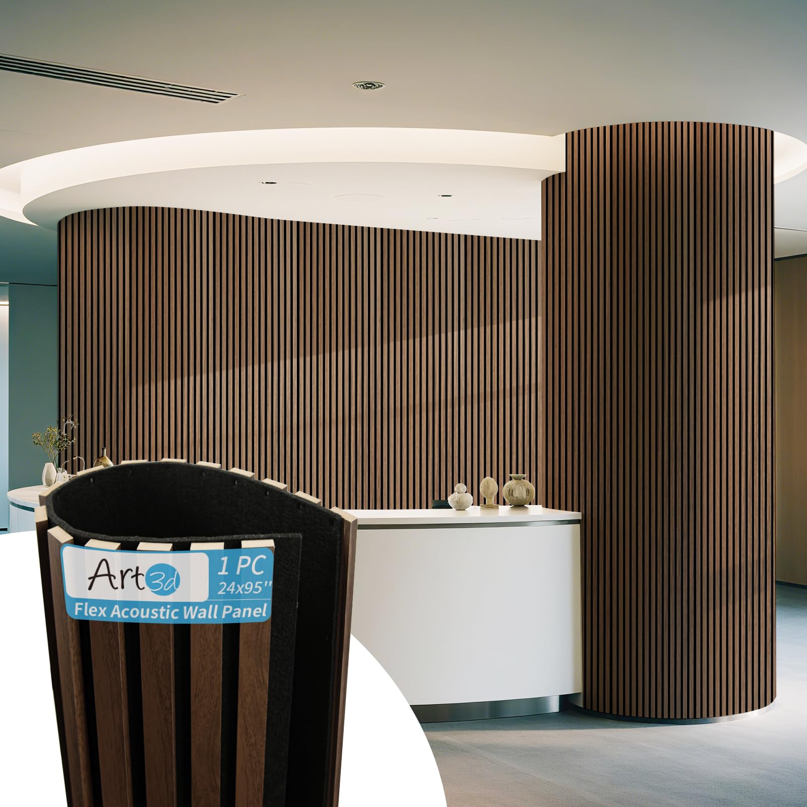 Photo 1 of Art3d Acoustic Wood Slat Wall Panel with Roll-Flat Design - 95.3 x 23.8 Inch Sound Absorbing Panels for Living Room Columns Corridor Curved Wall Decor, 1-Pack Walnut