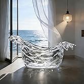 CT Copper Tailor 79" Hand-carved Platinum Crystal Bathtub,Freestanding Soaking Bathtub,Wave-inspired Design Tub with Pop-up D
