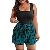 SOLY HUX Women's 2 Piece Outfit Square Neck Sleeveless Tank Top and Tropical Print Shorts Set