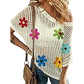 Ecosunny Womens Summer Crochet Tops Scoop Neck Short Sleeve Pullover Sweater Hollow Out Knit Tops Shirts Beach Cover Ups