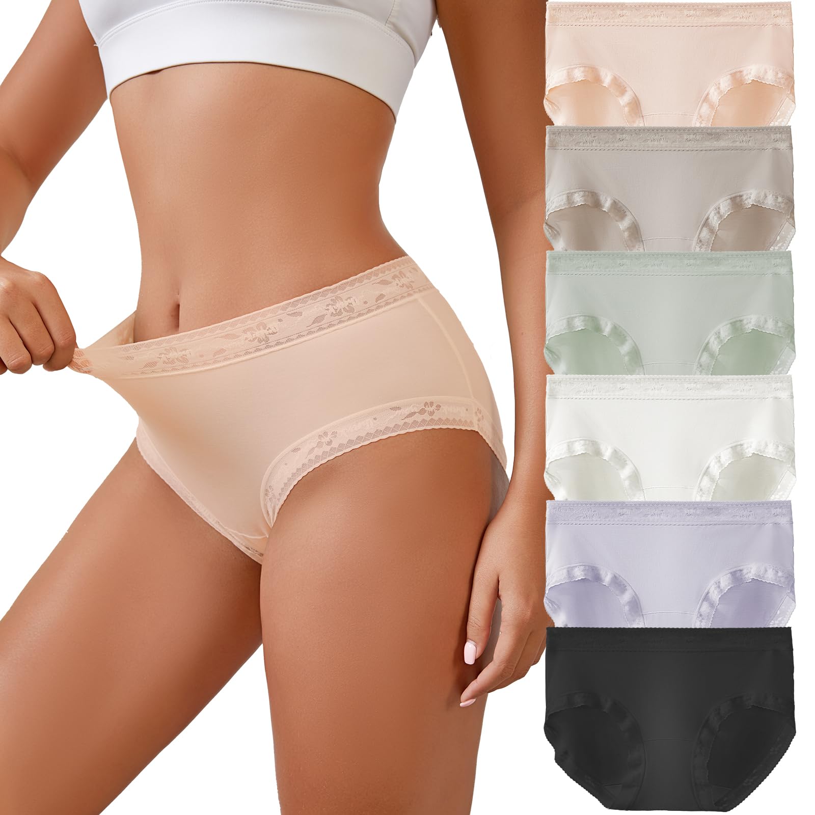Cozytoday Womens Underwear Seamless Mid Rise Waisted Panties Full Coverage Sexy Lace Briefs Stretch Bikini 6 Pack (US, Alpha, Large, Plus, Tall, 6 color(Black+white+purple+light green+skin+milk ash))