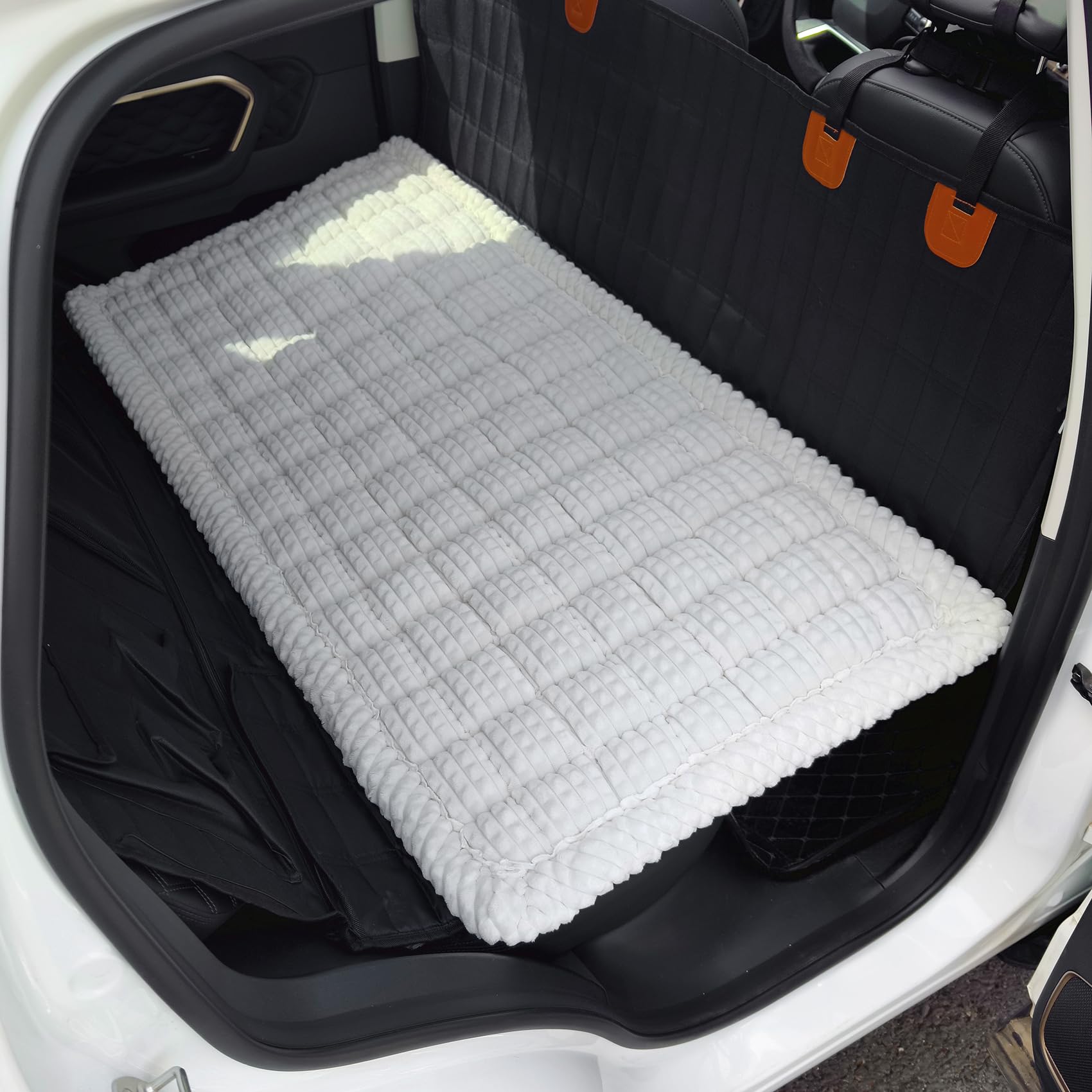 Photo 1 of AEEISHOMEREFORM Dog Bed for Car Backseat, Non-Slip Pet Mat Furry Back Seat Blanket for Dogs, Washable Seat Cover for Backseat Extenders (White, 24.8x54 inch)