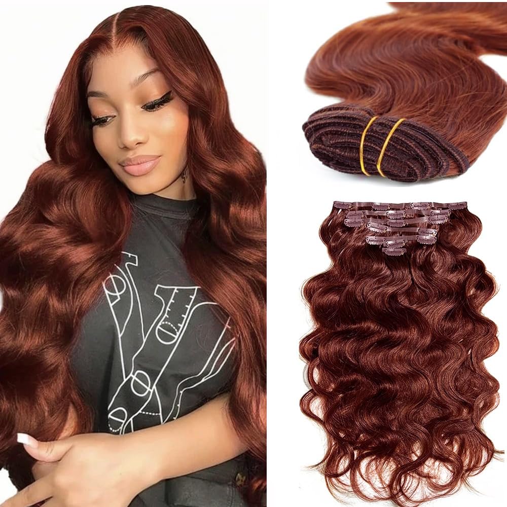 Photo 1 of #33 Reddish Brown Clip in Hair Extensions Human Hair, Copper Red Body Wave Remy Human Hair Extensions Clip ins for Women, 14 Inch 120g 7Pcs, Auburn Brown Hair Extension
