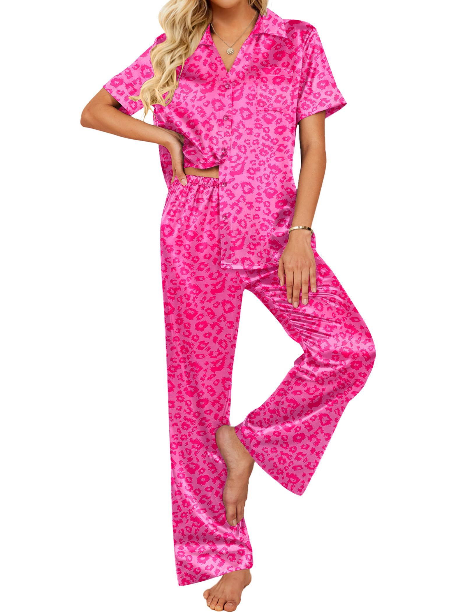 Ekouaer Silk Pajamas for Womens Set 2 Piece Satin Pjs Soft Button Down Sleepwear Wide Leg Long Pants with Pockets Image