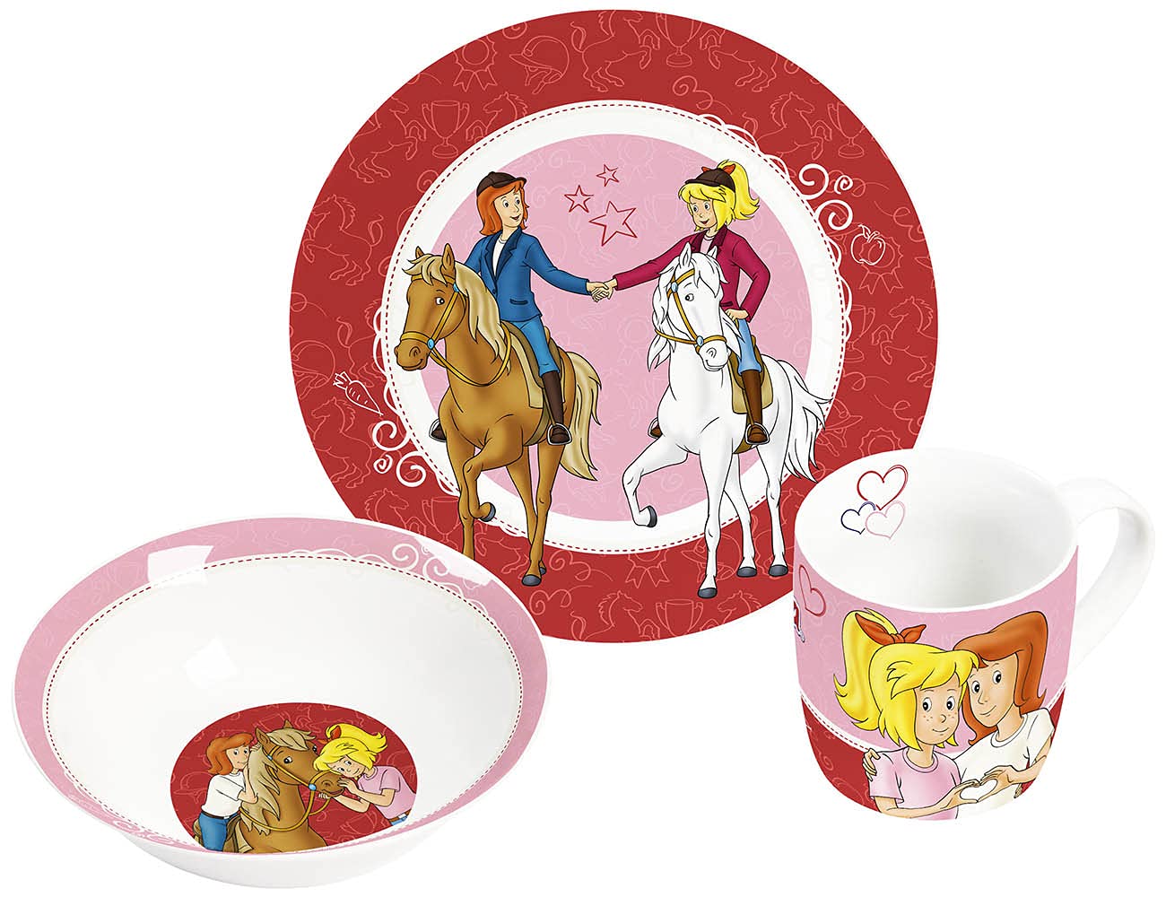 Bibi & Tina Children's Crockery Set of 3 Red Porcelain Tableware Plate Cup Bowl