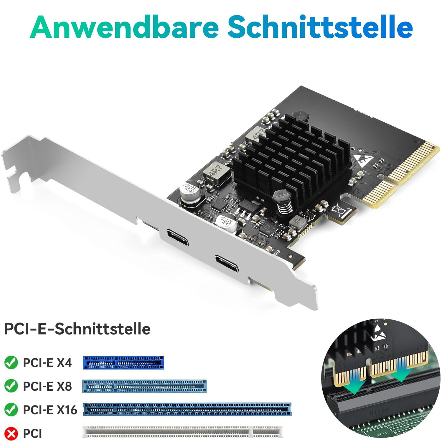 ELUTENG PCIE USB 3.2 Karte 2 Ports 2 x 10Gpbs Kompatibel mit PCIE X4/X8/X16, PCI Expree zu USB C 3.2 Gen2 Erweiterungskarte 20Gbps US B-Karte mit Großflächigem Kühlkörper für Desktop PC Windows 3