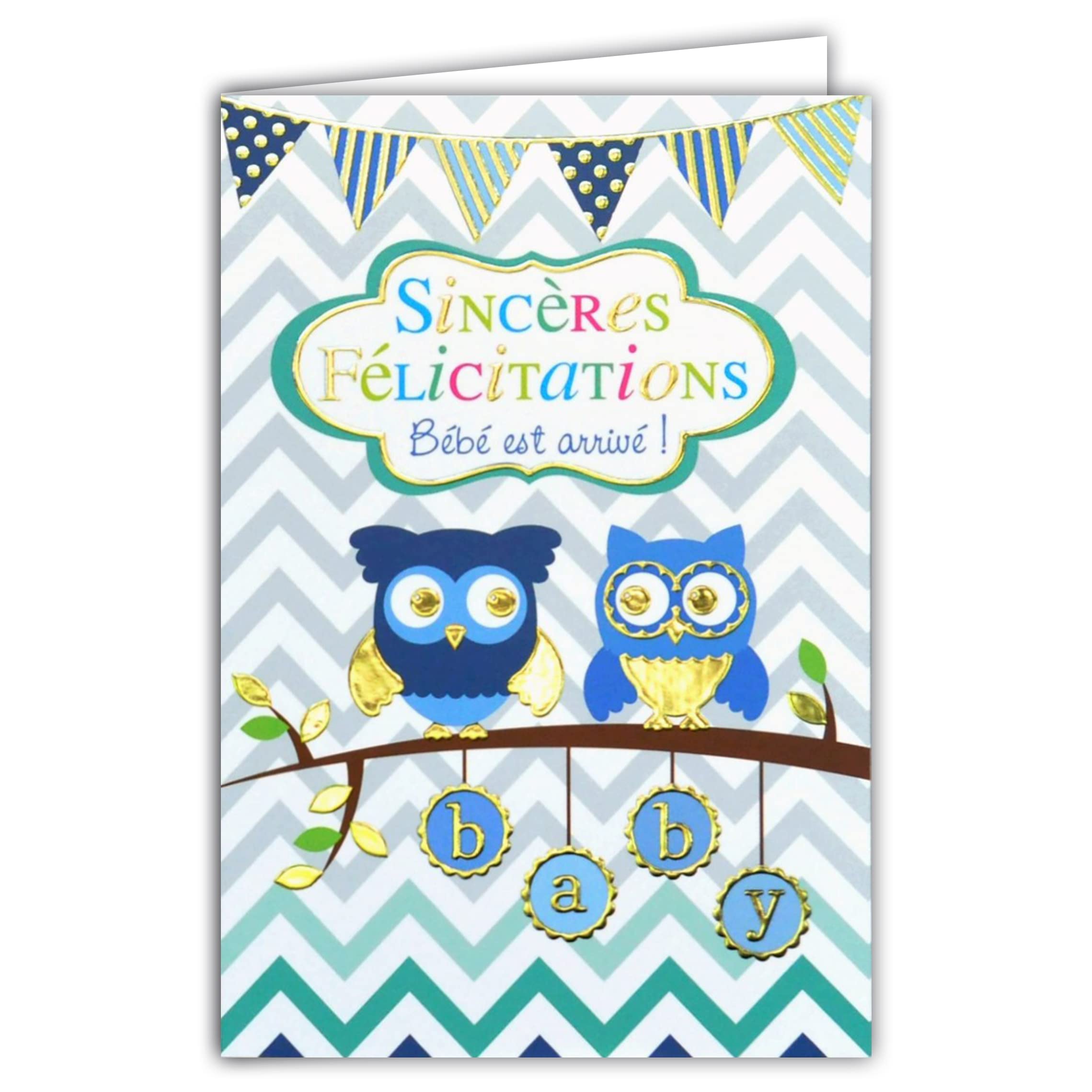 Afie 69-4046 Card Congratulations Birth Baby Owl with Gilding Gold Owl Design