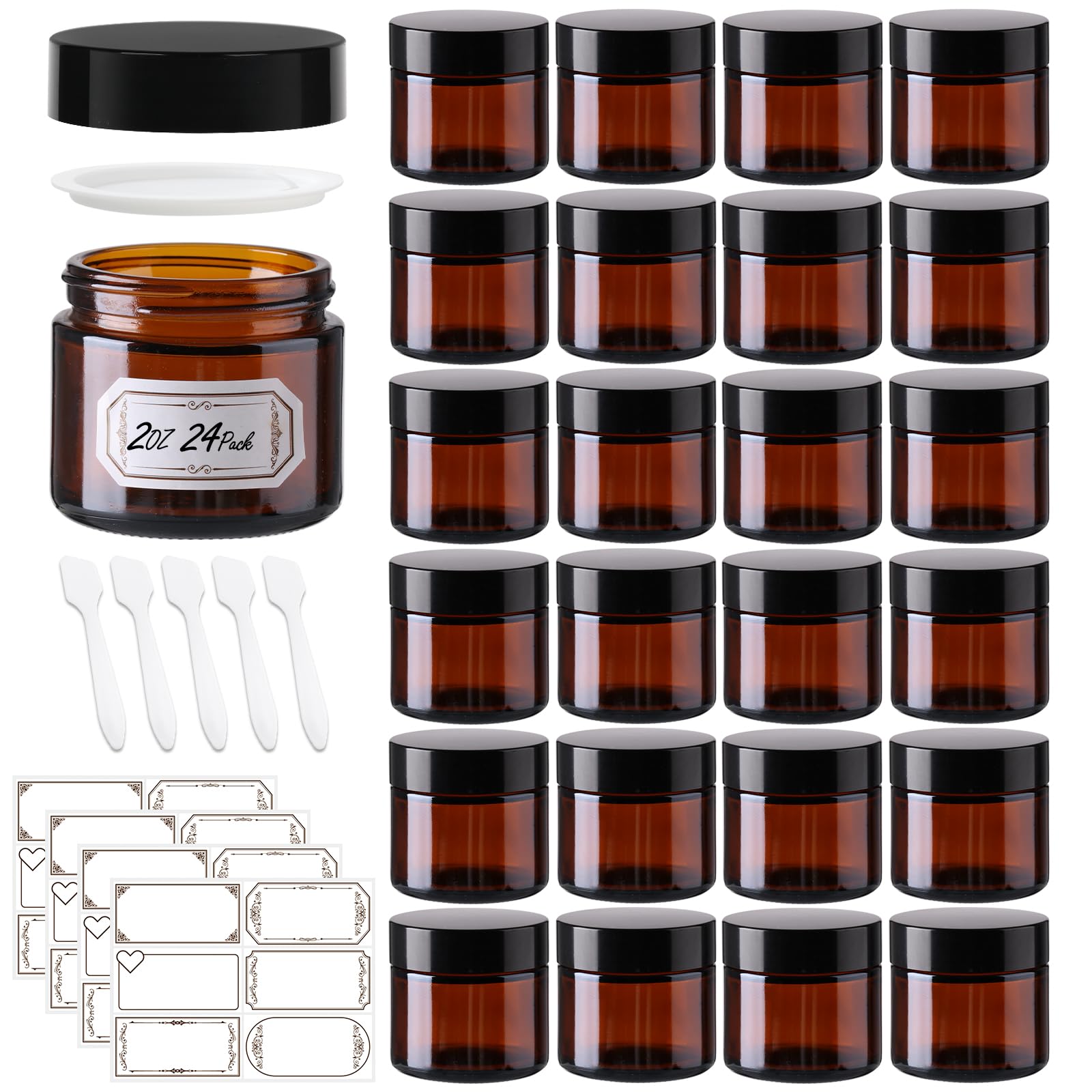 Photo 1 of 15 Pack 1 oz Glass Jars with lids, Amber Cosmetic Jars with Inner Liners and Black Lids, Lotion Jars, Candle Making Jars for Lotions, Scrubs and Cosmetic, Lables and Spatulas Include