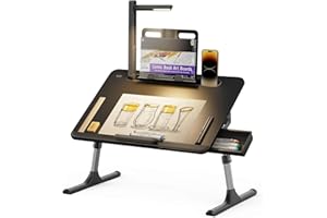 Laptop Table with LED Desk Light, SAIJI Laptop Stand for Bed, Height Adjustments Bed Desk with Book Stand for Reading Writing