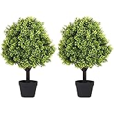 Azoco 27“ Realistic Artificial Boxwood Topiary Trees Set of 2, Faux Plants Outdoor UV-Resistant, Fake Evergreen Bushes & Shrubs for Front Porch Outside Planter Decor