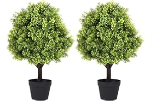Azoco 27“ Realistic Artificial Topiary Trees Set of 2, Faux Boxwood Plants Outdoor with Cement Planter, UV-Resistant Fake Evergreen Potted Ball Bushes & Shrubs for Front Porch Patio Entryway Decor
