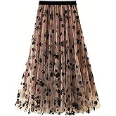 CHARTOU Women's Elastic High Waist Tulle Ruffle Pleated A-Line Swing Midi Skirt