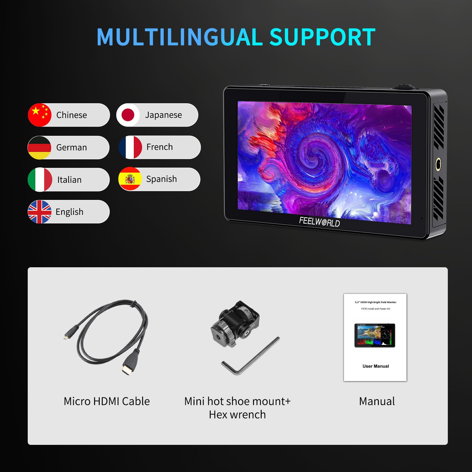 FEELWORLD LUT5 5.5 Inch 3000nits Ultra Bright DSLR Camera Field Monitor Auto Dimming Touchscreen HDR 3D LUT with Waveform F970 External Power and Install Kit 4K HDMI Input Output 1920X1080 IPS Panel