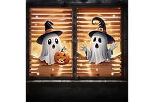 Leketoo Halloween Window Cover Decorations 2 Pcs, Fabric Cute Funny Ghost Curtain Poster Door Wall Covering Decor Halloween Party Decorations Indoor Outdoor