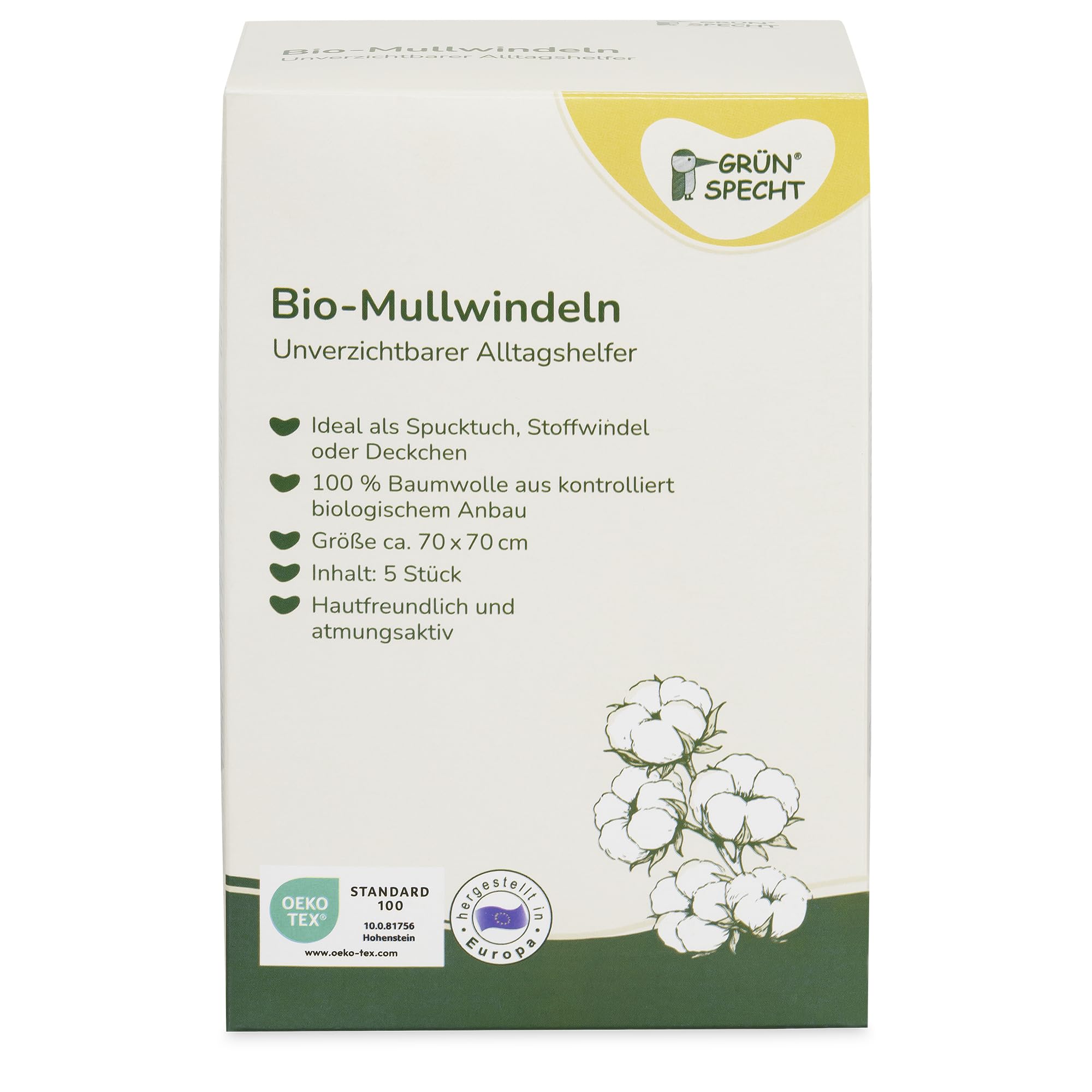 GRÜNSPECHT Organic Muslin Nappies 70 x 70 cm 100% Cotton (Organic Control), Burp Cloths, No Optical Brightener, Skin-Friendly & Absorbent, Pack of 5, White (692-00)