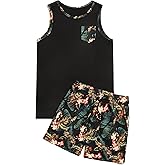GORGLITTER Men's 2 Pieces Set Floral Print Elastic Waist Shorts Sleeveless Tank Top Outfit Tracksuit