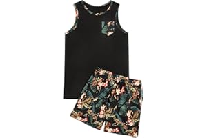 GORGLITTER Men's 2 Pieces Set Floral Print Elastic Waist Shorts Sleeveless Tank Top Outfit Tracksuit