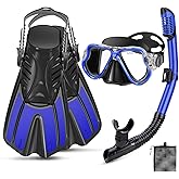 PIYAZI Snorkeling Gear for Adults, 4 in 1 Adult Snorkel Set with Panoramic View Snorkel Mask, Dry Top Snorkel, Adjustable Short Fins and Travel Bag, Snorkel Set with Fins for Snorkeling Diving