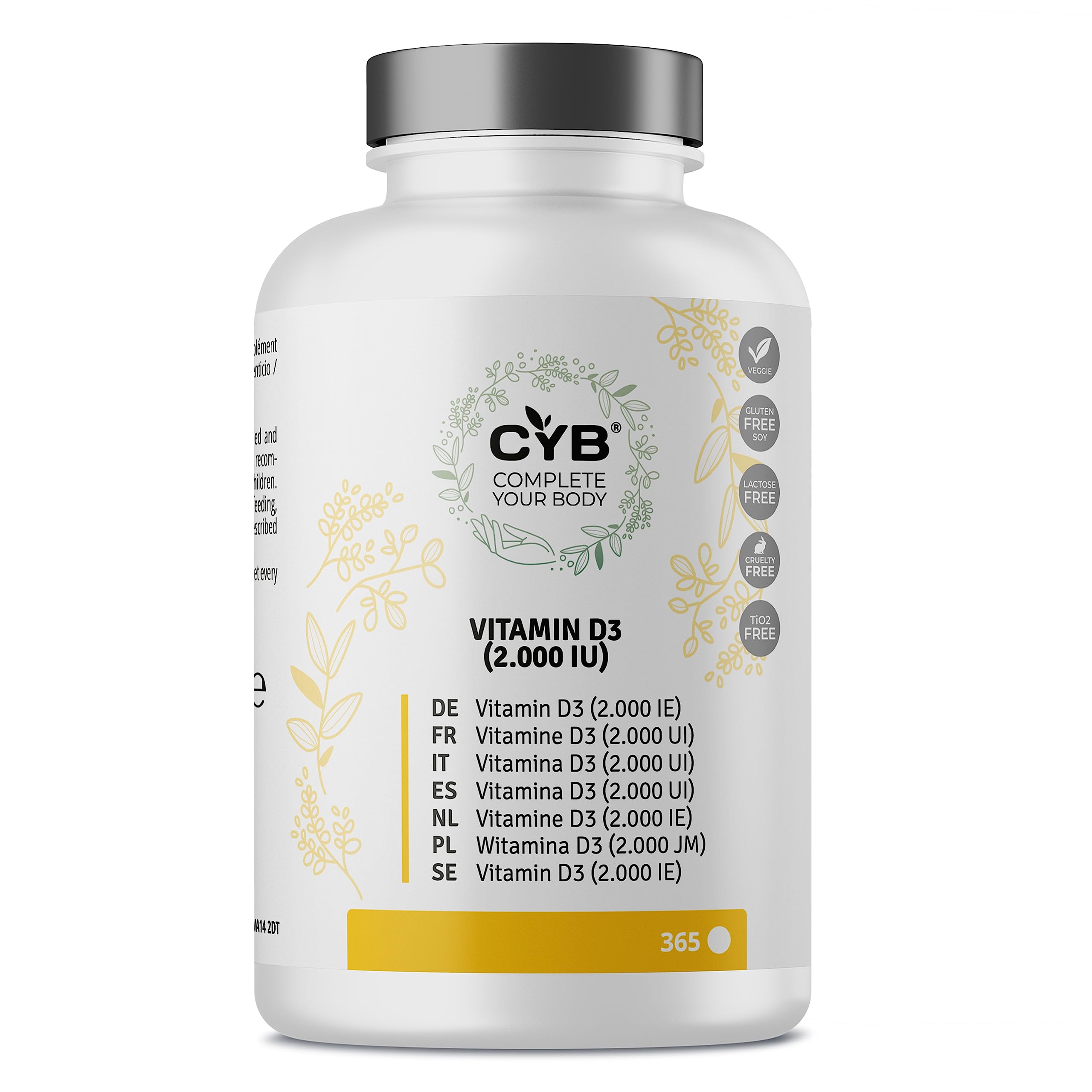 CYB | Vitamin D Tablets - Vitamin D3 2000 IU 50µg | Pure High Strength Vitamin D | 365 Tablets 1 Year Supply | Daily Vegetarian Supplement - Easy to Swallow - Gluten & Lactose Free | Laboratory Tested