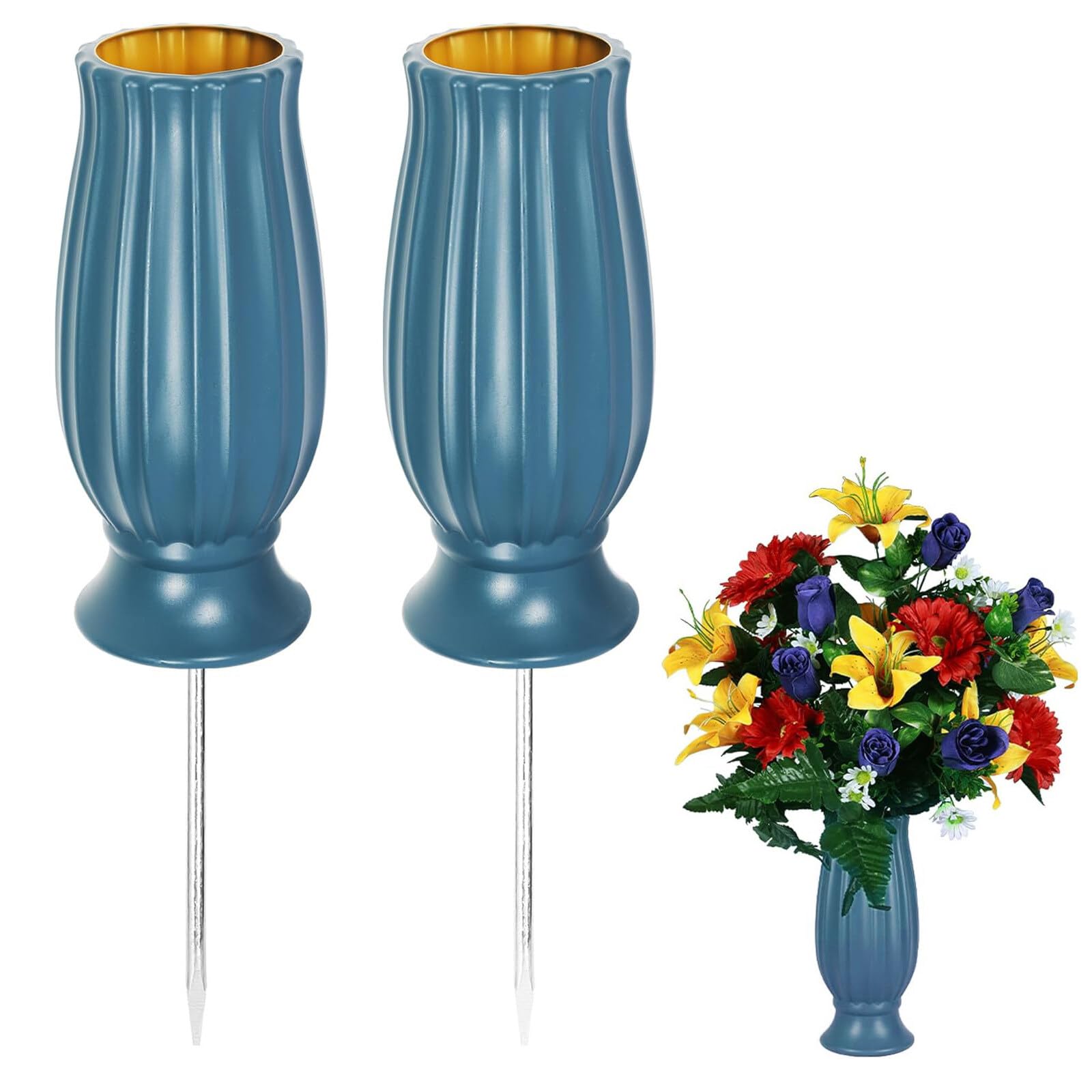 Jadin Grave Flower Pots, Grave Flower Holders, 2 Pack Memorial Vases for Graves, Plastic Grave Decoration with 2 Spike, Grave Decorations for Gravestone Grave Garden Yard, Blue, 20 x 10 cm