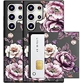 MUQR Compatible for Samsung Galaxy S25 Ultra Case with Card Holder Cute - Kawaii Design Military-Grade Drop Protection Rugged Wallet Cases for Women (Black Pink Roses Flowers)