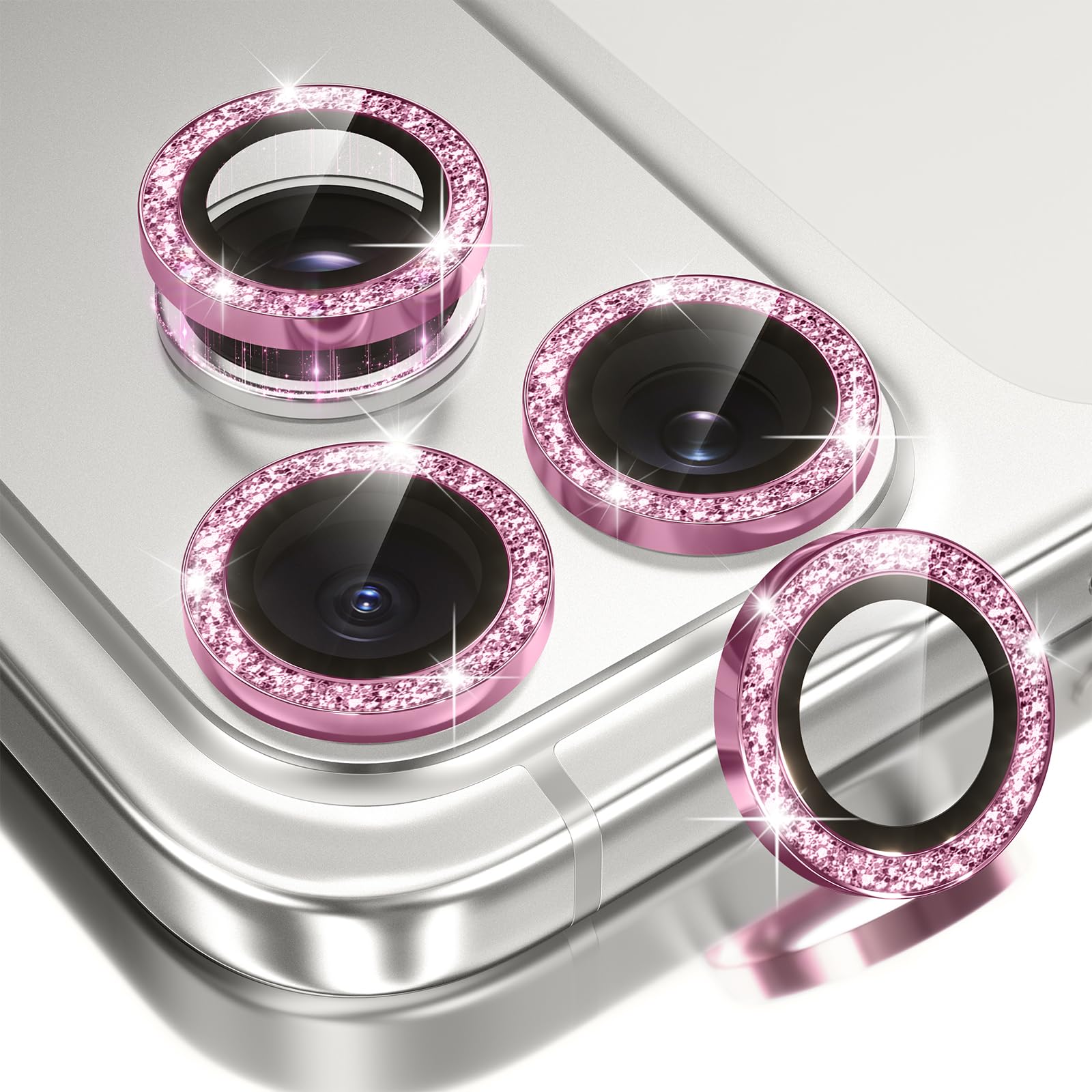 BERFY Camera Lens Protector for iPhone 17 Pro/17 Pro Max, Glitter Bling Aluminum Alloy Metal Ring, 9H Tempered Glass Camera Cover Screen Protector Accessories, Anti-Scratch, Case Friendly, Hot Pink