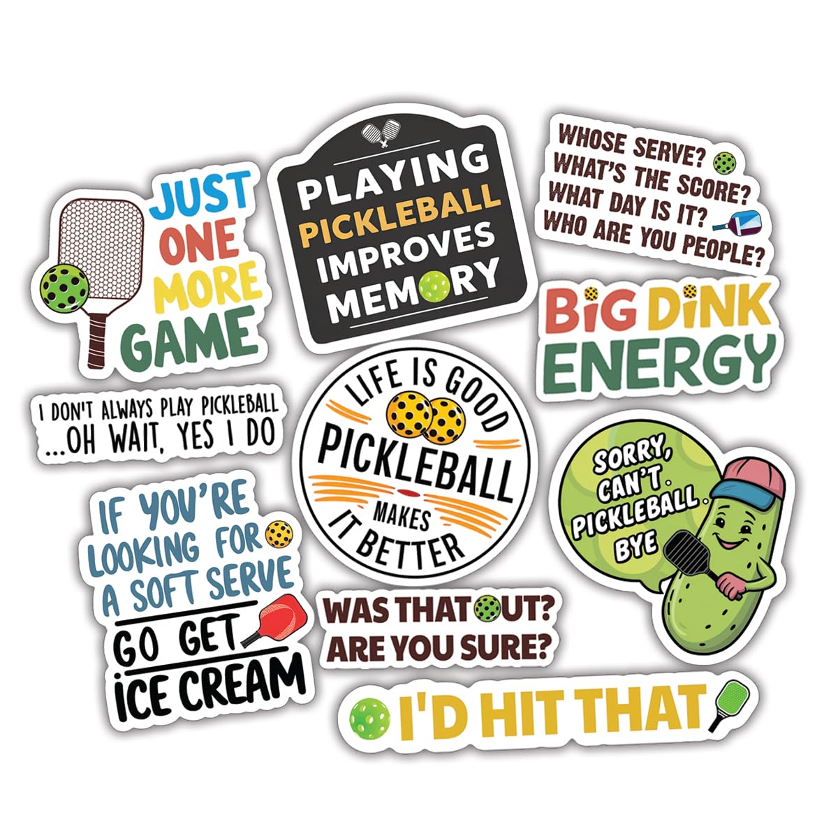 Photo 1 of 10pcs Pickleball Sticker Sheet, Funny and Cute Vinyl Decals for Players, Instructors, and Court Lovers, Waterproof, UV-Resistant, for Laptop, Water Bottle, Paddle Case, Journal, Notebook, Phone Case