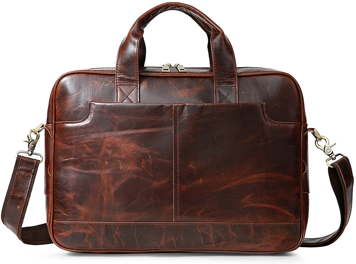 JJNUSA Leather 16" Laptop Briefcase for Men Shoulder Bag Travel Messenger Duffle Bags handbag Waterproof Brown Zipper Coffee