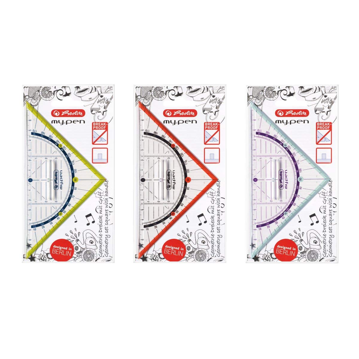 Herlitz My. Pen 16 cm Set Square with Handle – Triangle Triangles 45 °, Plastic, Multicoloured, 16 cm, Transparent, 1 Piece (S), 95 mm)