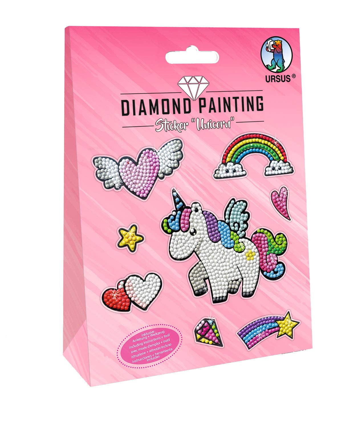 Ursus 43500001 Diamond Painting Unicorn, Stickers with Sparkling Diamonds, Set of 2 Sticker Sheets in Different Designs, Diamond Stones, Picker, Wax and Bowl, Includes Instructions
