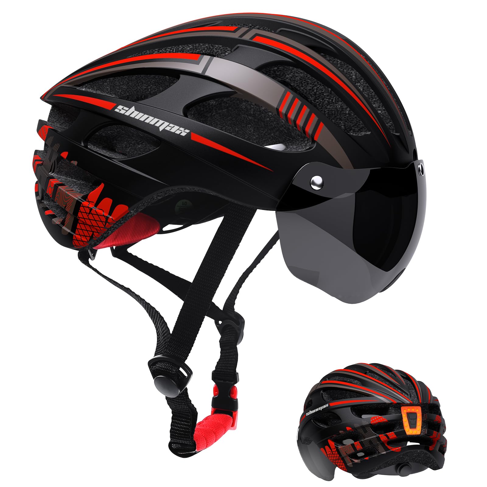 Shinmax Bike Helmet with USB Rechargeable LED Light - Magnetic Goggles & Adjustable Visor, Lightweight MTB/Mountain/Cycling Helmet for Men & Women,Adjustable Size 57-62cm