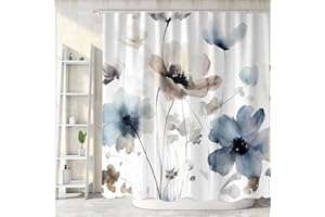 Sanzugh Boho Floral Shower Curtain, Cream Tan Beige Blue Grey White Watercolor Flower Fabric Shower Curtains Set for Bathroom Decoration with Hooks 72 X 72 inch Cute Farmhouse Bath Decor