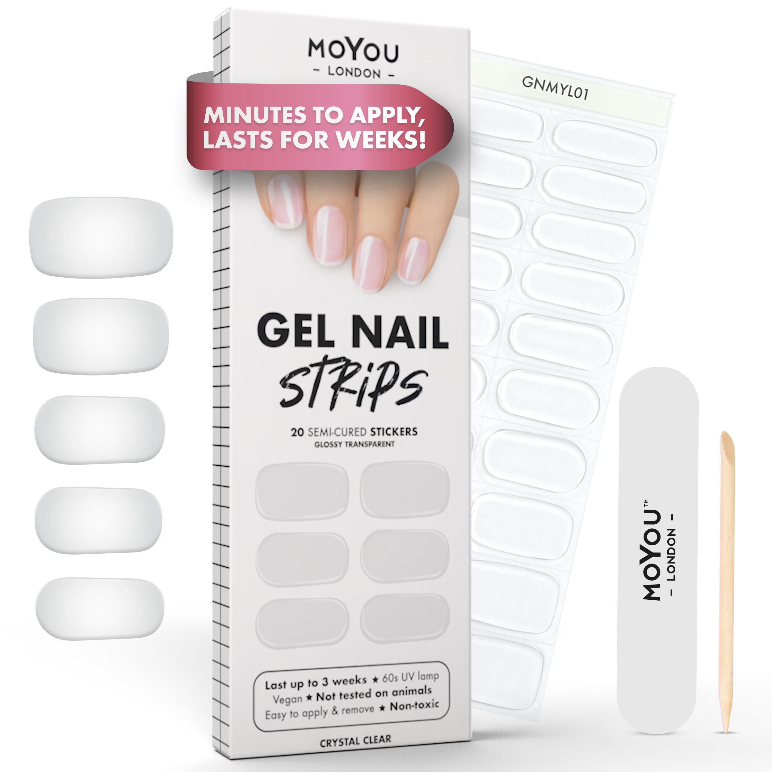 MOYOU LONDON Semi Cured Gel Nail Strips Clear - 20 Pcs. Waterproof Gel Nail Wraps, Cures in Sunlight or UV/LED Lamp, Lasts Up to 2+ Weeks, Stretchable, Easy to Apply & Remove, Vegan & Cruelty-Free