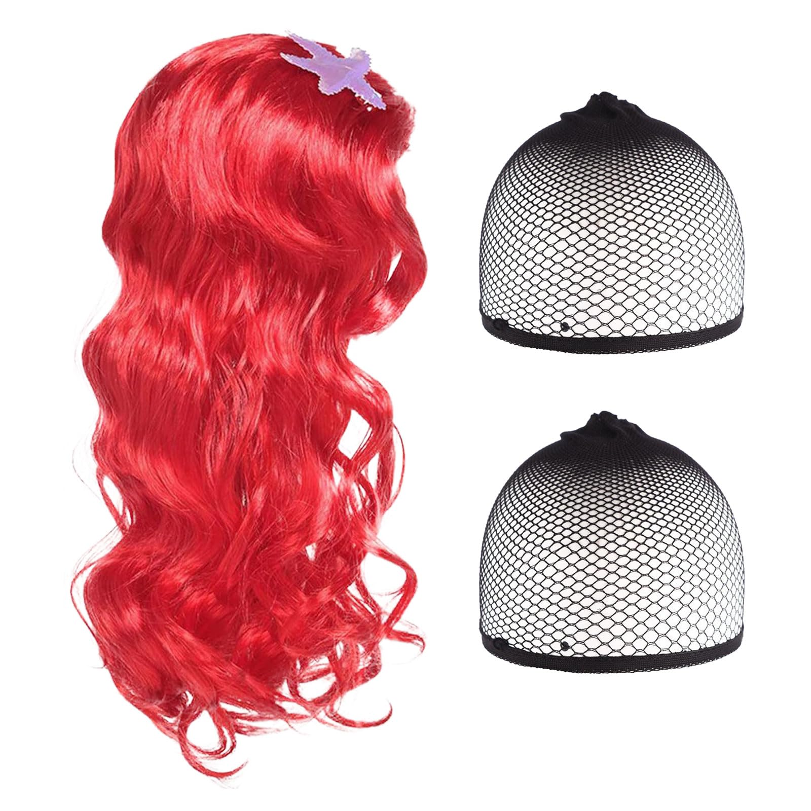 EUPSIIU Mermaid Wigs Costume Angels Princess Little Mermaid Pretend Fancy Dress Up Costume Wig Red Long Curly Cosplay Wig Adult Mermaid Themed for Halloween Christmas Masquerade Party (Red)