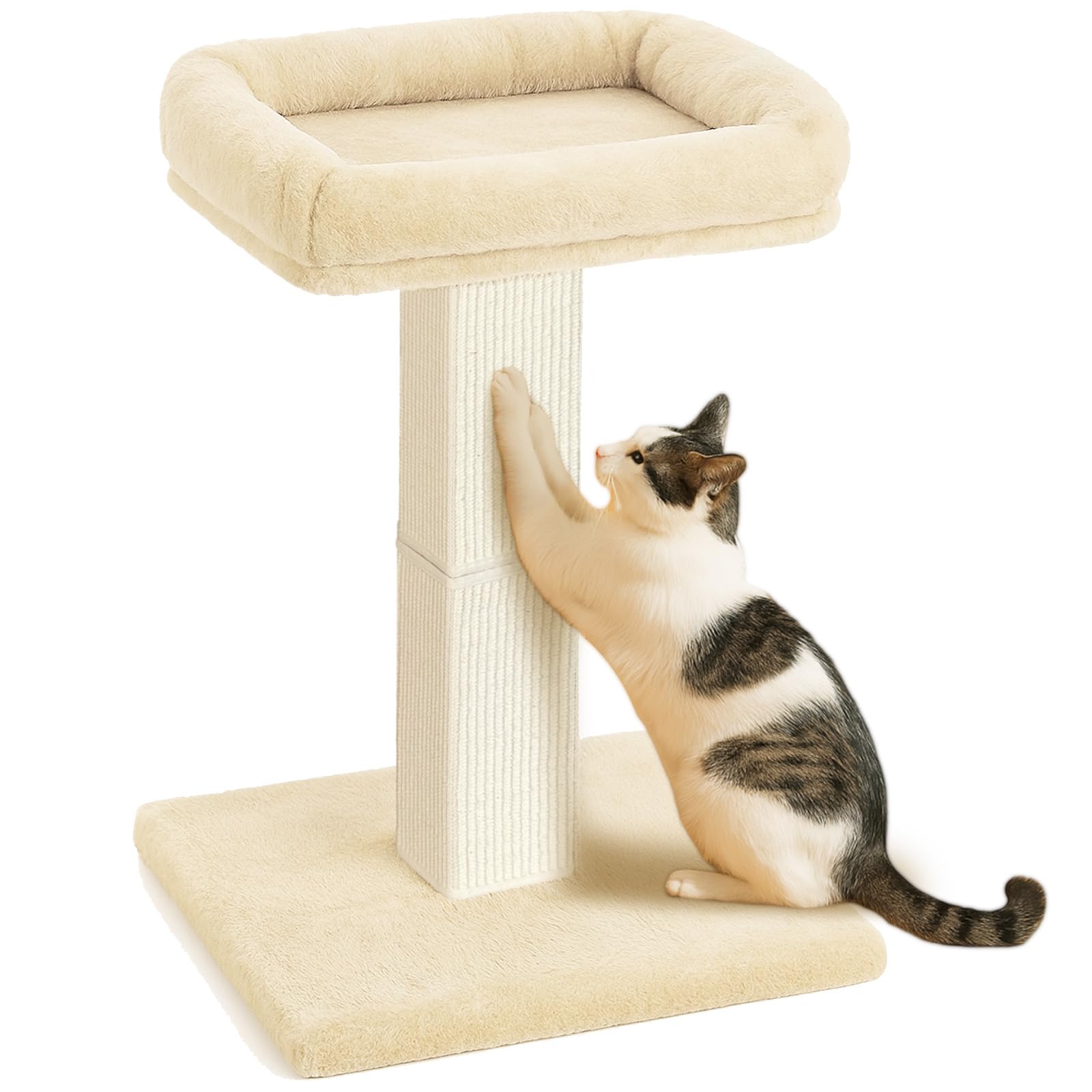 Photo 1 of AGYM Cat Scratching Post, 32”Cat Scratcher with Large Plush Perch, Sisal & Carpet Scratching Post, Vertical Posts with Elevated Bed for Indoor Cats, Removable& Washable Cover, Beige